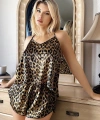 Bicomi Leopar Desenli Sırt Çapraz Askılı Saten Şortlu Pijama Takımı