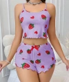 Bicomi Pamuklu Lila Üstüne Çilek Desen Fitilli Askılı Şortlu Pijama Takımı