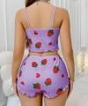Bicomi Pamuklu Lila Üstüne Çilek Desen Fitilli Askılı Şortlu Pijama Takımı