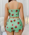 Bicomi Pamuklu Yeşil Üstüne Çilek Desen Fitilli Askılı Şortlu Pijama Takımı