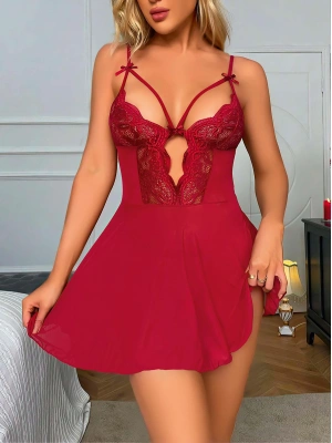 Bicomi Bordo Dantel İşlemeli Göğüs İp Detaylı Fantezi Tül Gecelik Takımı