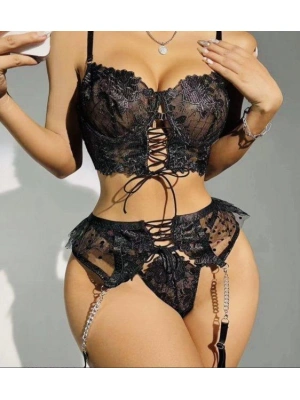 Bicomi Büstiyerli Dantel Fantezi Siyah Jartiyer Takımı