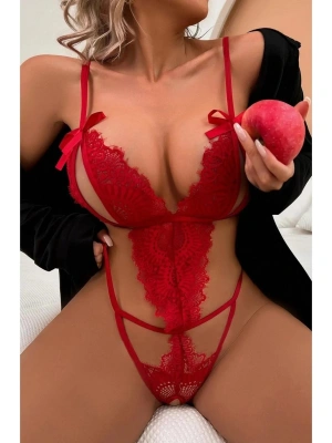 Bicomi Fiyonklu Dantelli Kırmızı Fantezi Body