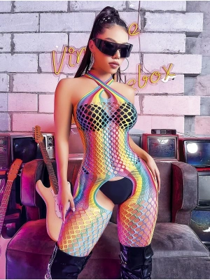 Bicomi Gökkuşağı Desenli Fileli Fantezi Vücut Çorabı