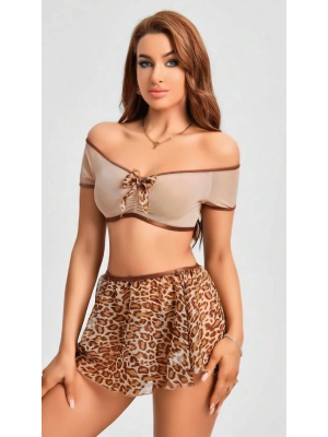 Bicomi Kalın Askılı Sütyen Leopar Desen Etekli Fantezi Gecelik