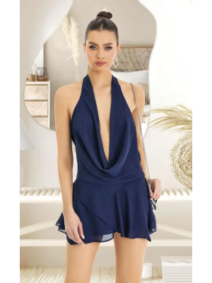 Bicomi Lacivert Sırt ve Göğüs Dekolteli Fantezi Mini Elbise