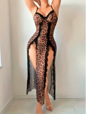 Bicomi Leopar Desenli Yırtmaçlı Fantezi Uzun Gecelik