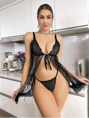 Bicomi Siyah Dantel İşlemeli Önden Bağlamalı Fantezi Şık Tül Gecelik