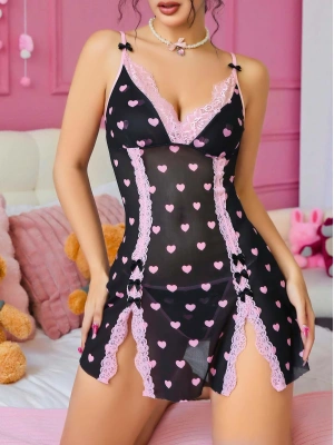 Bicomi Siyah Kalp Desenli Dantel İşlemeli Fantezi Gecelik