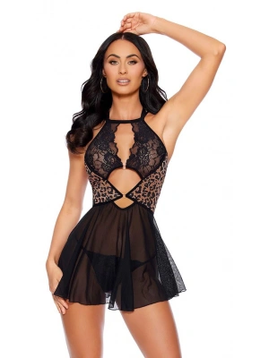 Bicomi Siyah Leopar Desenli Dantel İşlemeli Tül Fantezi Gecelik