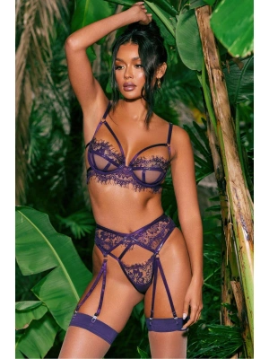 Bicomi Transparan Britli Dantel Mor Jartiyer Takım