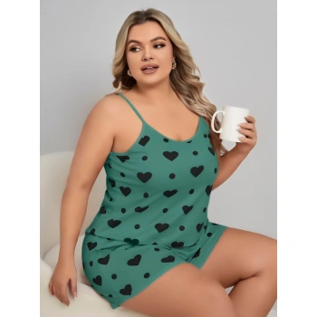 Bicomi Büyük Beden Yeşil Kalp Desen Pamuklu Şortlu Pijama Takımı