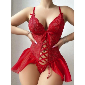 Bicomi Kırmızı Dantel Detaylı Önü Dekolteli Fantezi Babydoll
