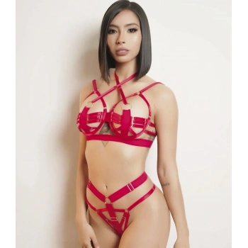 Bicomi Kırmızı Sütyen Külot Harness Takım