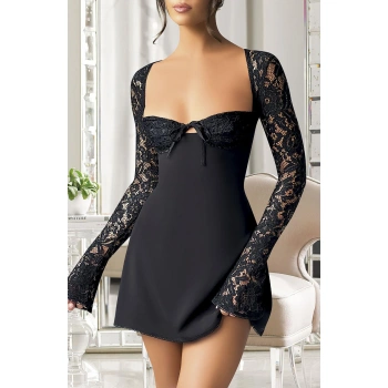 Bicomi Özel Tasarım Dantel İşlemeli Şık Uzun Bolerolu Siyah Fantezi Mini Club Elbisesi
