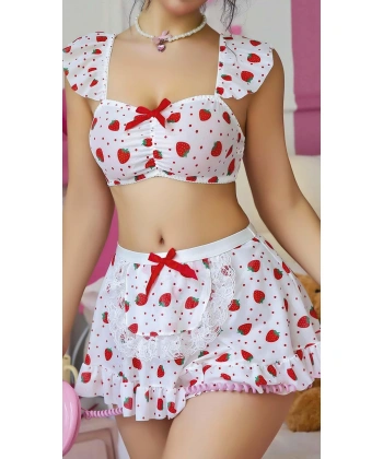 Bicomi Beyaz Çilek Desenli Etekli Fantezi Sütyen Takım