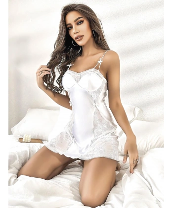 Bicomi Beyaz Dantel Detaylı Fantezi Mini Saten Gecelik