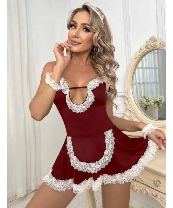 Bicomi Bordo Beyaz Aksesuarlı Dantelli Fantezi Hizmetçi Kostümü