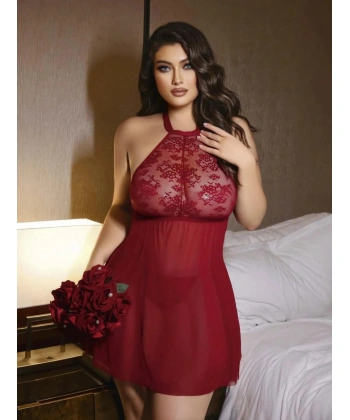 Bicomi Bordo Dantel İşlemeli Göğüs Dekolteli Boyundan Bağlamalı Fantezi String Tül Gecelik Takımı