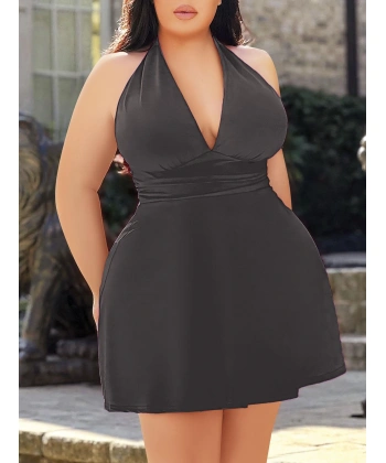 Bicomi Büyük Beden Antrasit Boyundan Bağlamalı Mini Gecelik