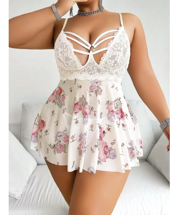 Bicomi Büyük Beden Beyaz Üstüne Çiçek Desenli Dantel İşlemeli İnce Askılı Mini Gecelik