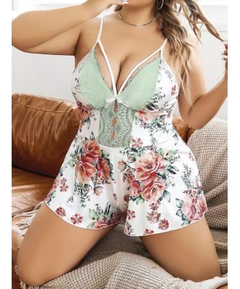 Bicomi Büyük Beden Beyaz Üstüne Çiçek Desenli Dantel İşlemeli İnce Askılı Şort Gecelik