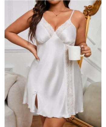 Bicomi Büyük Beden Dantel İşlemeli Beyaz Saten Gecelik