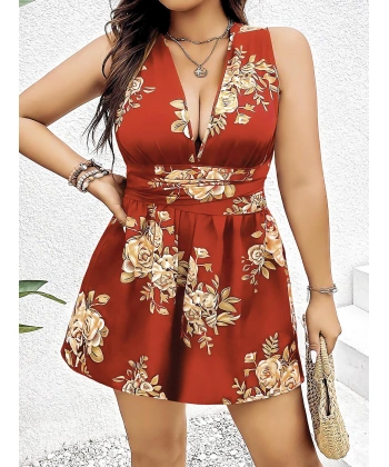 Bicomi Büyük Beden Kahverengi Üstüne Çiçek Desenli Sırt Detaylı Elbise