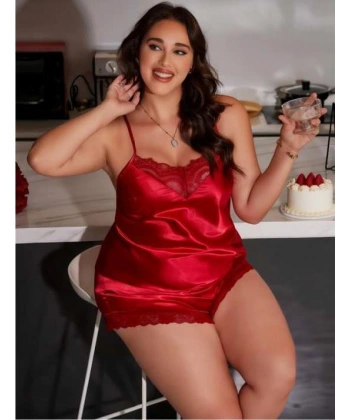 Bicomi Büyük Beden Kırmızı Dantel İşlemeli Saten Şortlu Takım