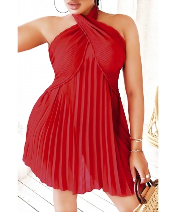 Bicomi Büyük Beden Kırmızı Fırfırlı Boyundan Bağlamalı Gecelik