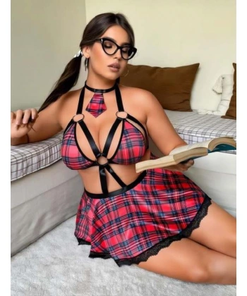 Bicomi Büyük Beden Kravatlı Ekose Desenli Etekli Fantezi Kostüm