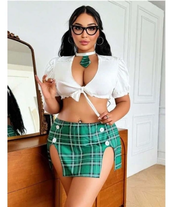 Bicomi Büyük Beden Kravatlı Yeşil Ekose Desen Etekli Fantezi Liseli Kostüm