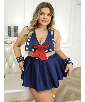 Bicomi Büyük Beden Lacivert Büstiyerli Kurdela Detaylı Mini Etekli Fantezi Denizci Kostümü