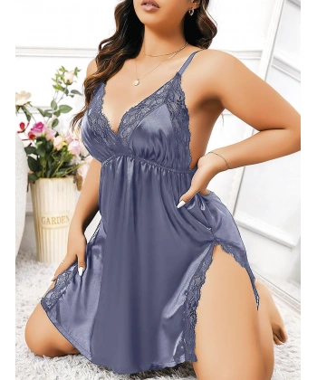 Bicomi Büyük Beden Lacivert Dantel İşlemeli İnce Askılı Saten Fantezi Gecelik