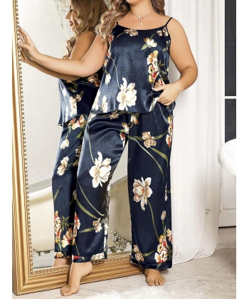 Bicomi Büyük Beden Mavi Üstüne Çiçek Desenli İnce Askılı 2li Saten Pijama Takımı