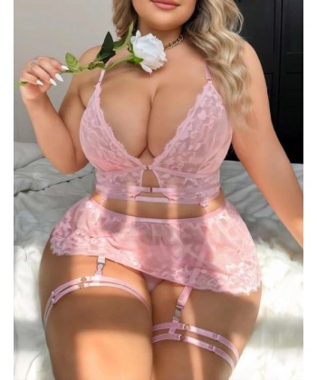 Bicomi Büyük Beden Pembe Dantel İşlemeli Jartiyer Takımı