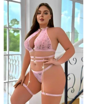 Bicomi Büyük Beden Pembe Dantel İşlemeli Zincir Detaylı Jartiyer Takımı