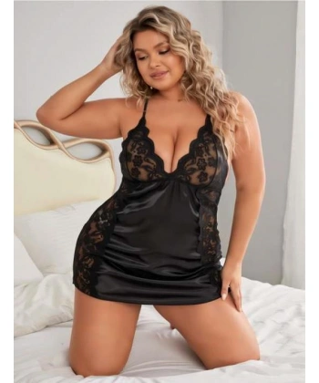 Bicomi Büyük Beden Siyah Dantel İşlemeli Saten Gecelik