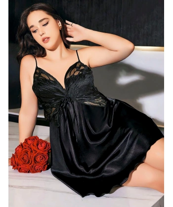 Bicomi Büyük Beden Siyah Kelebek Desenli İnce Askılı Saten Gecelik