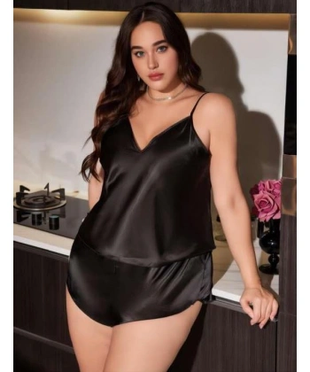 Bicomi Büyük Beden Siyah Saten Şortlu Takım