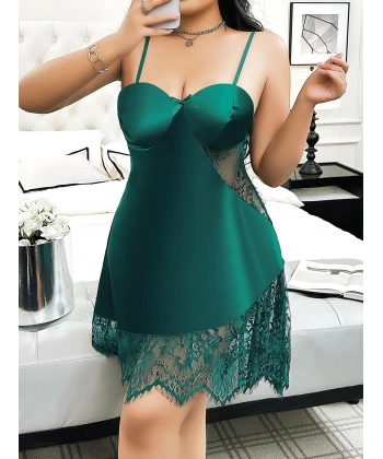 Bicomi Büyük Beden Yeşil Dantel İşlemeli İnce Askılı Fantezi Gecelik