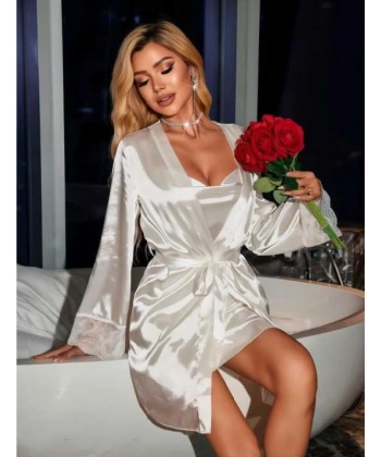 Bicomi Dantel İşlemeli İnce Askılı Beyaz Saten 2li Gecelik Sabahlık Takımı