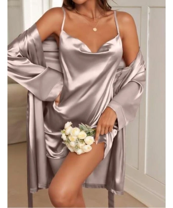 Bicomi Degajeli İnce Askılı Vizon Saten 2li Gecelik Sabahlık Takımı