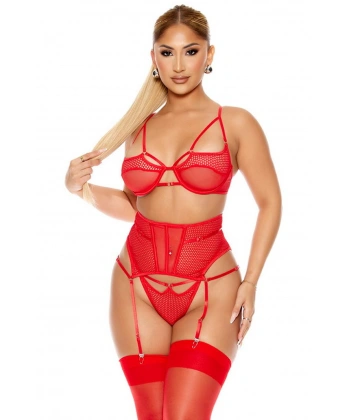 Bicomi Fantezi File Tül Detaylı Kırmızı Jartiyer Takım