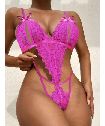 Bicomi Fiyonklu Dantelli Fuşya Fantezi Body