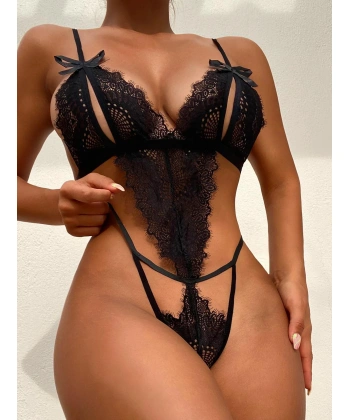 Bicomi Fiyonklu Dantelli Siyah Fantezi Body