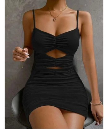 Bicomi Göbek Dekolteli Büzgülü Siyah Mini Club Elbisesi