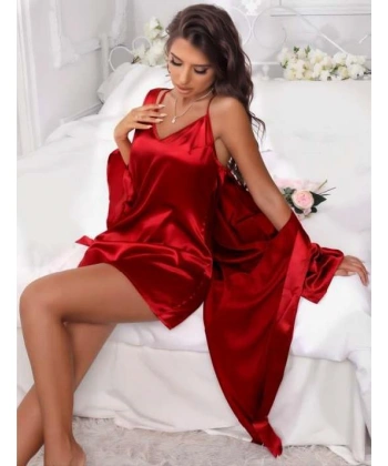 Bicomi İnce Askılı Kırmızı Saten 2li Gecelik Sabahlık Takımı