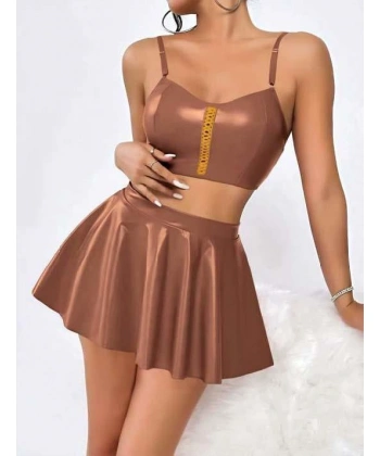 Bicomi Kahverengi Etekli Fantezi Deri Şık Elbise