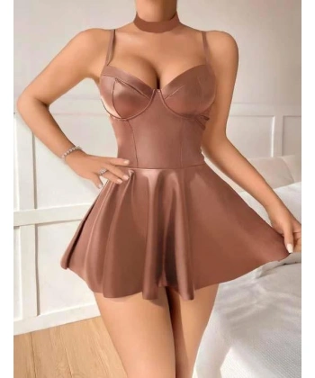 Bicomi Kahverengi Etekli Pileli Fantezi Deri Elbise